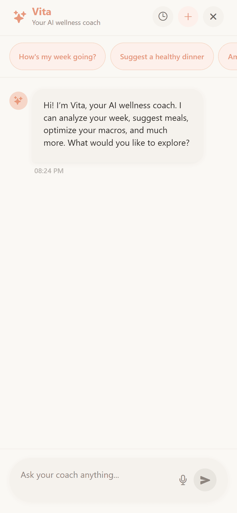 Wellitica AI fitness coach chat giving personalized nutrition and meal advice based on daily food log