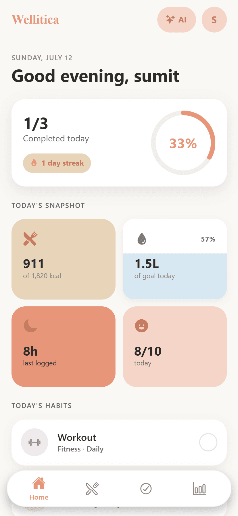 Wellitica app home dashboard showing daily calorie progress, habit streaks and AI coach summary