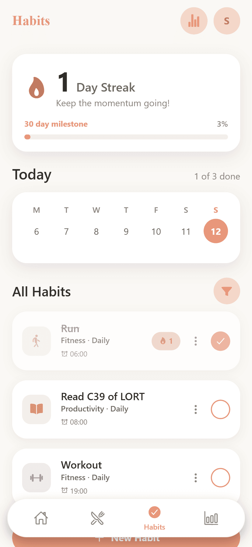 Wellitica habit tracker with daily streaks, consistency score and weekly progress calendar