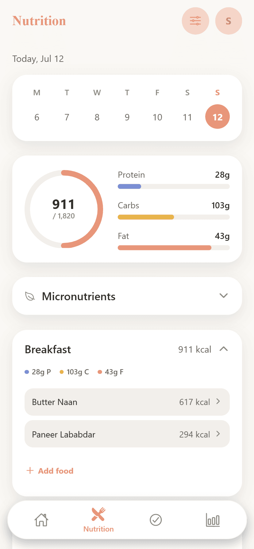 Wellitica calorie and macro tracker showing Indian foods like dal, roti and rice with protein, carb and fat breakdown